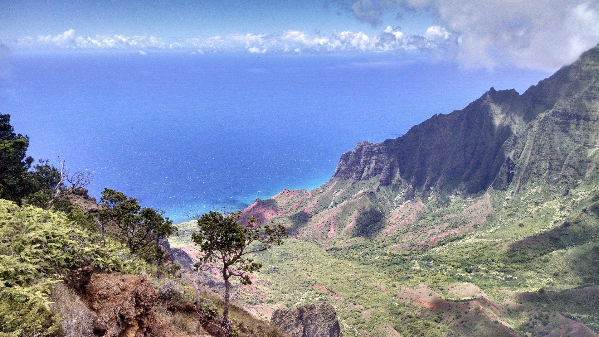 A view of a valley with mountains and the ocean in the background.