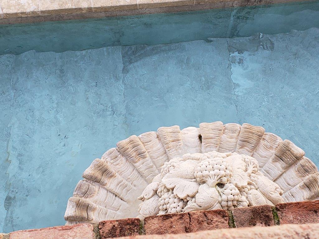 A statue of a lion 's head is in the middle of a pool of water.