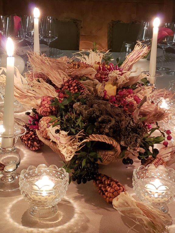 A table with candles and flowers on it