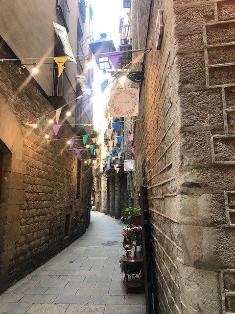 A narrow alleyway between two brick buildings