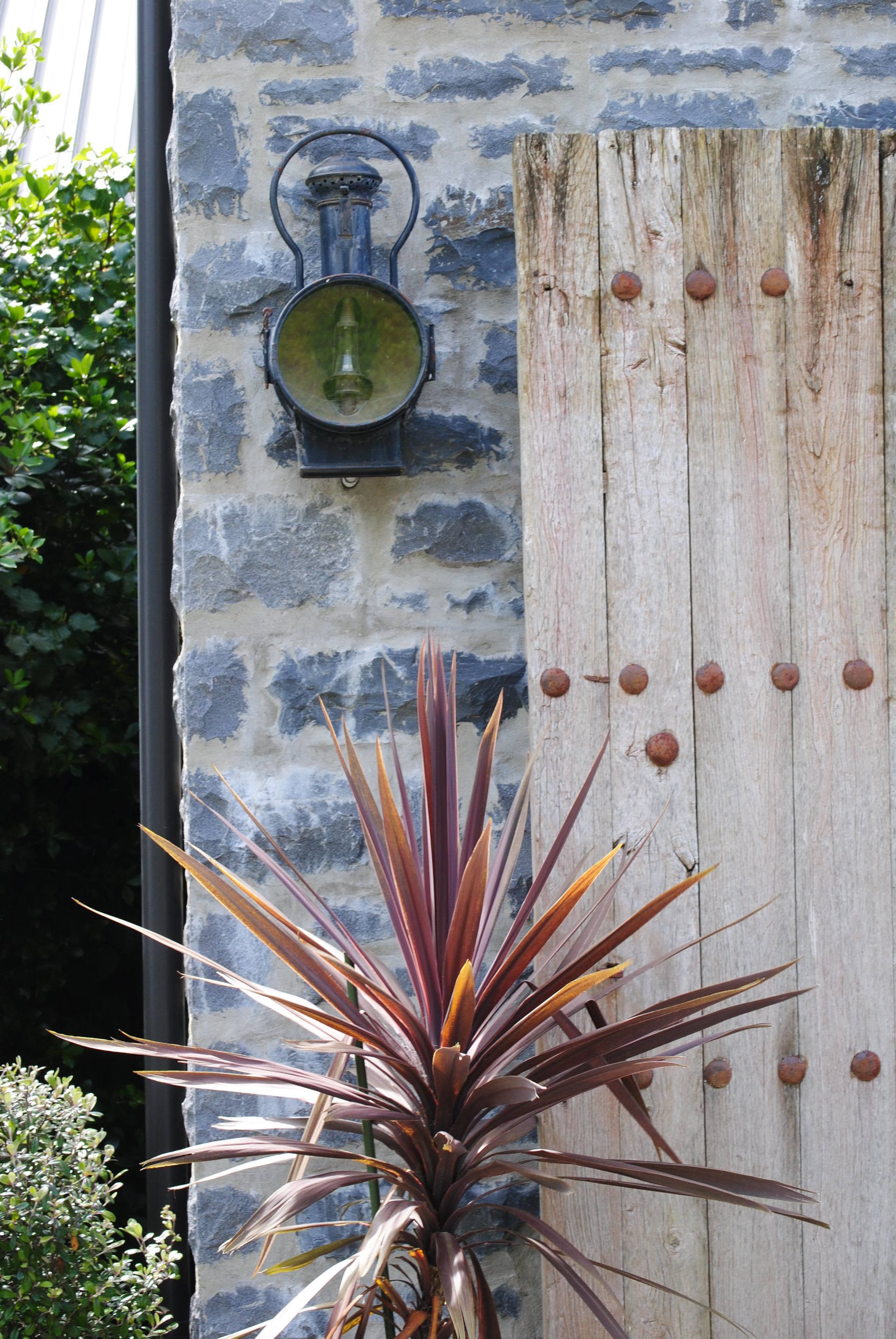 A brick wall with a plant in front of it