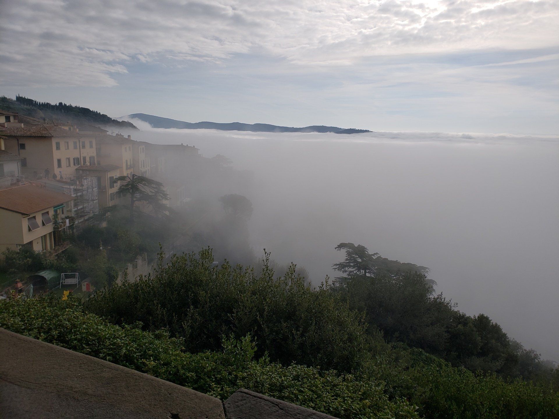 A foggy landscape with buildings and trees in the foreground