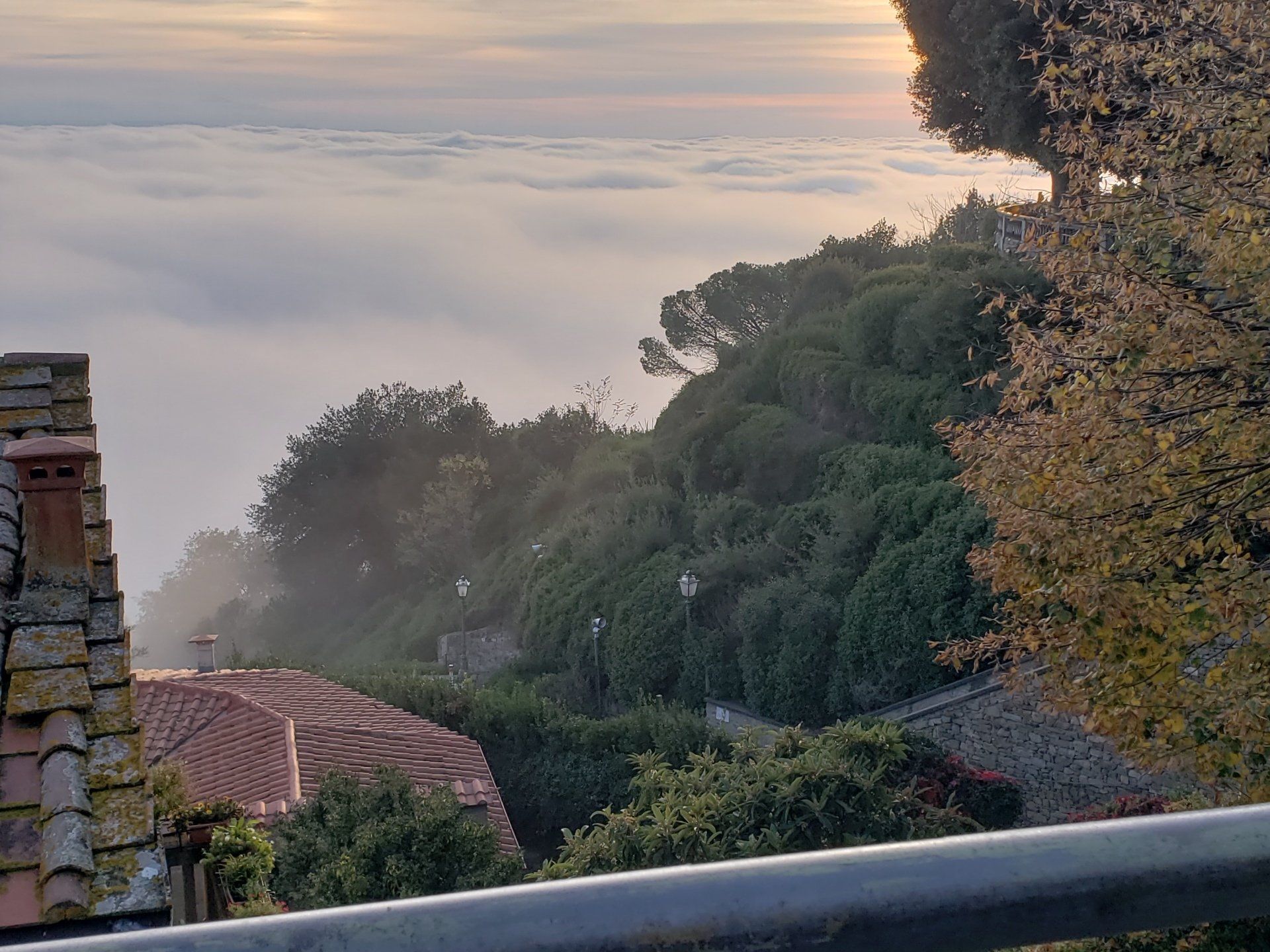 A view of a foggy hillside from a balcony