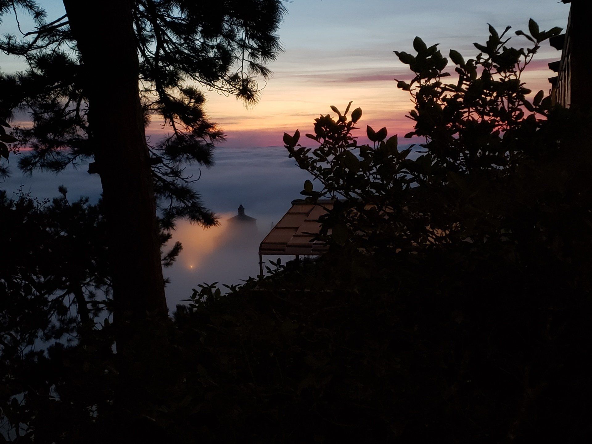 A sunset with trees in the foreground and a house in the background