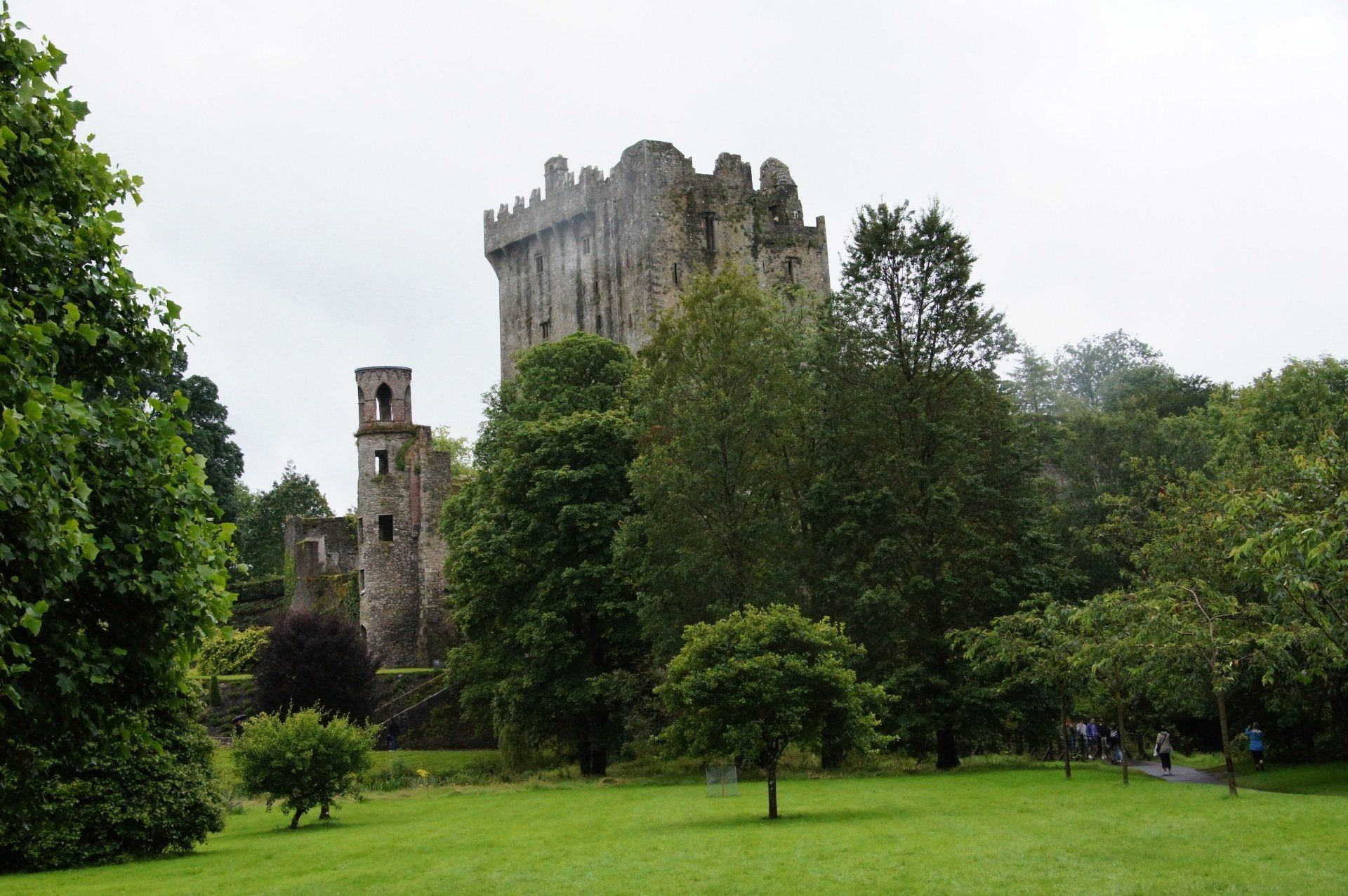 A castle is surrounded by trees and grass in a park