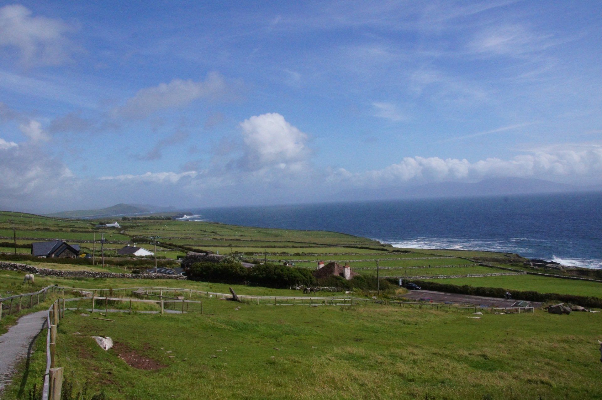 A lush green field with a fence and a view of the ocean.