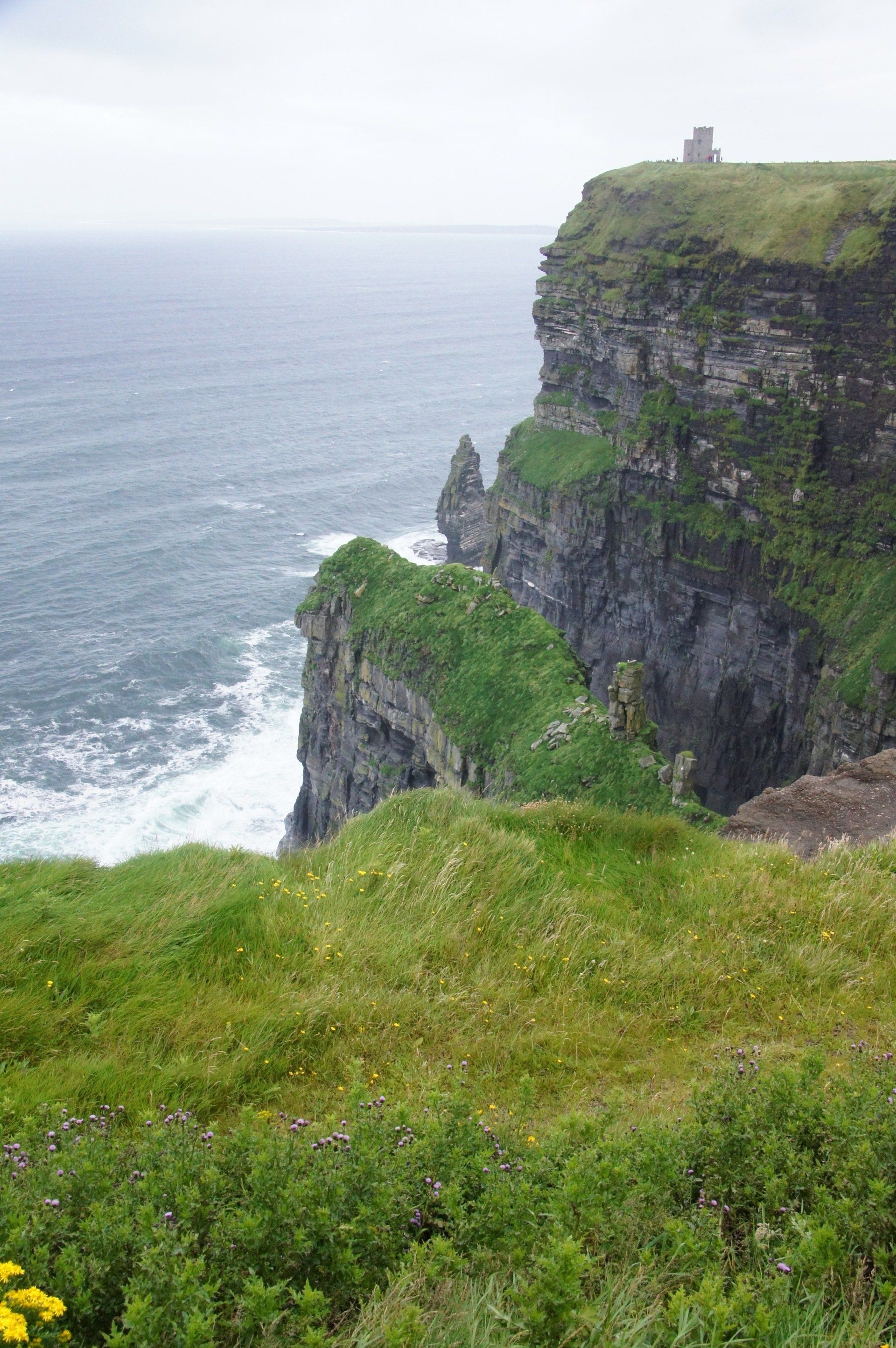 A cliff overlooking the ocean with a castle on top of it.