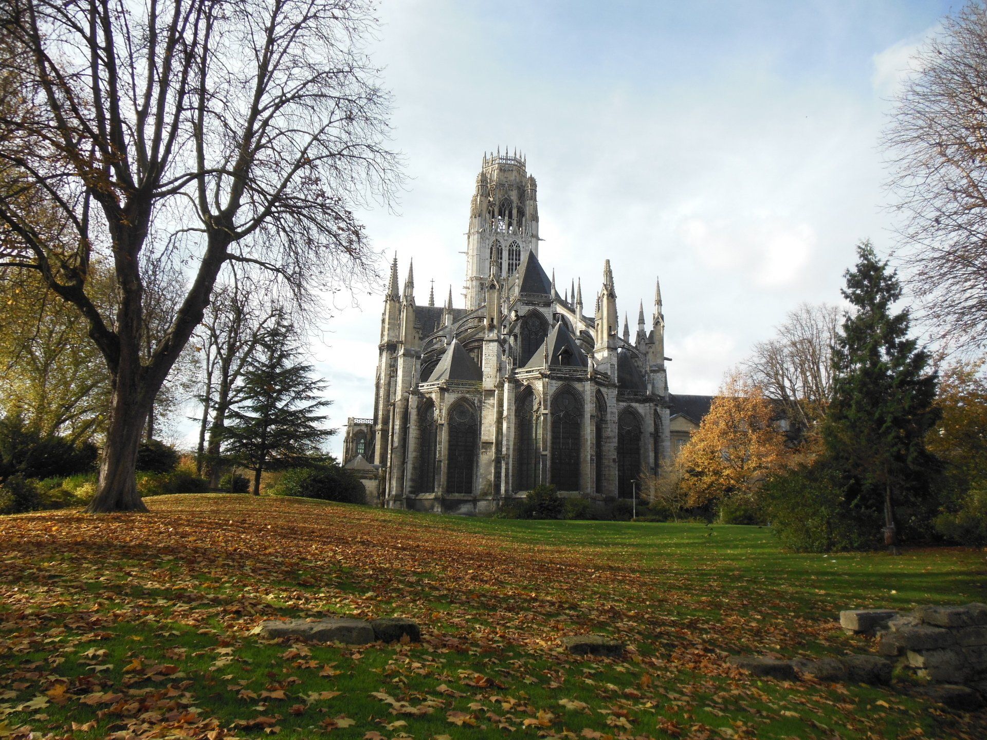 A large church is surrounded by trees and leaves