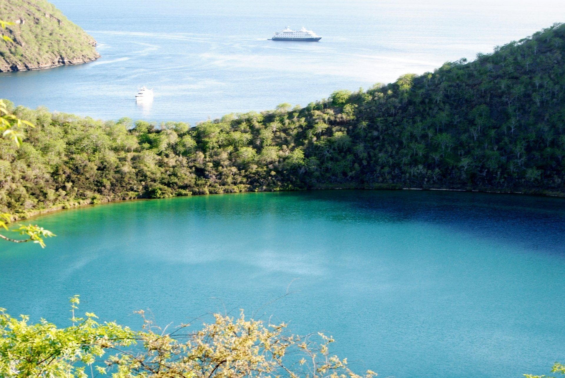 A large body of water surrounded by trees with a boat in the distance