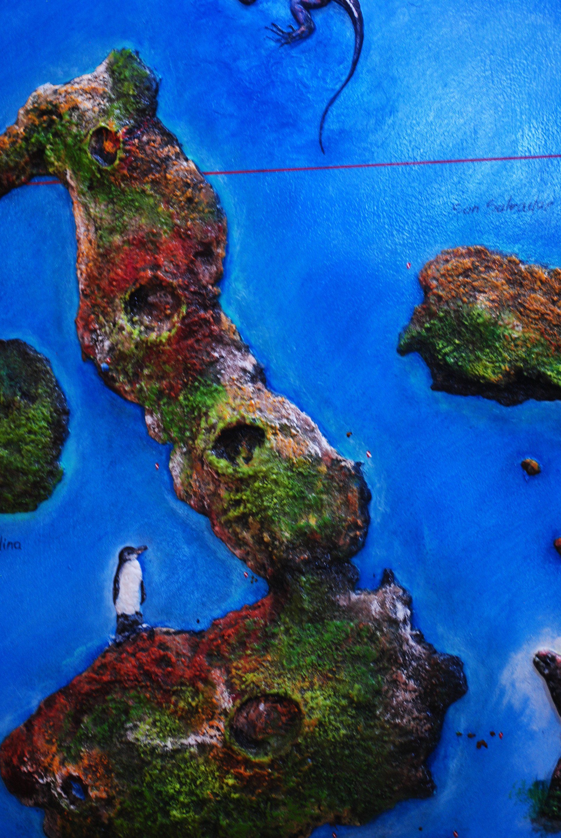 A painting of a penguin standing on top of a rocky island.