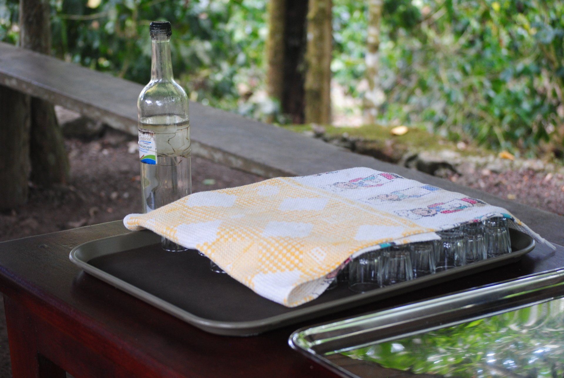 A tray of glasses and a bottle of water on a table.