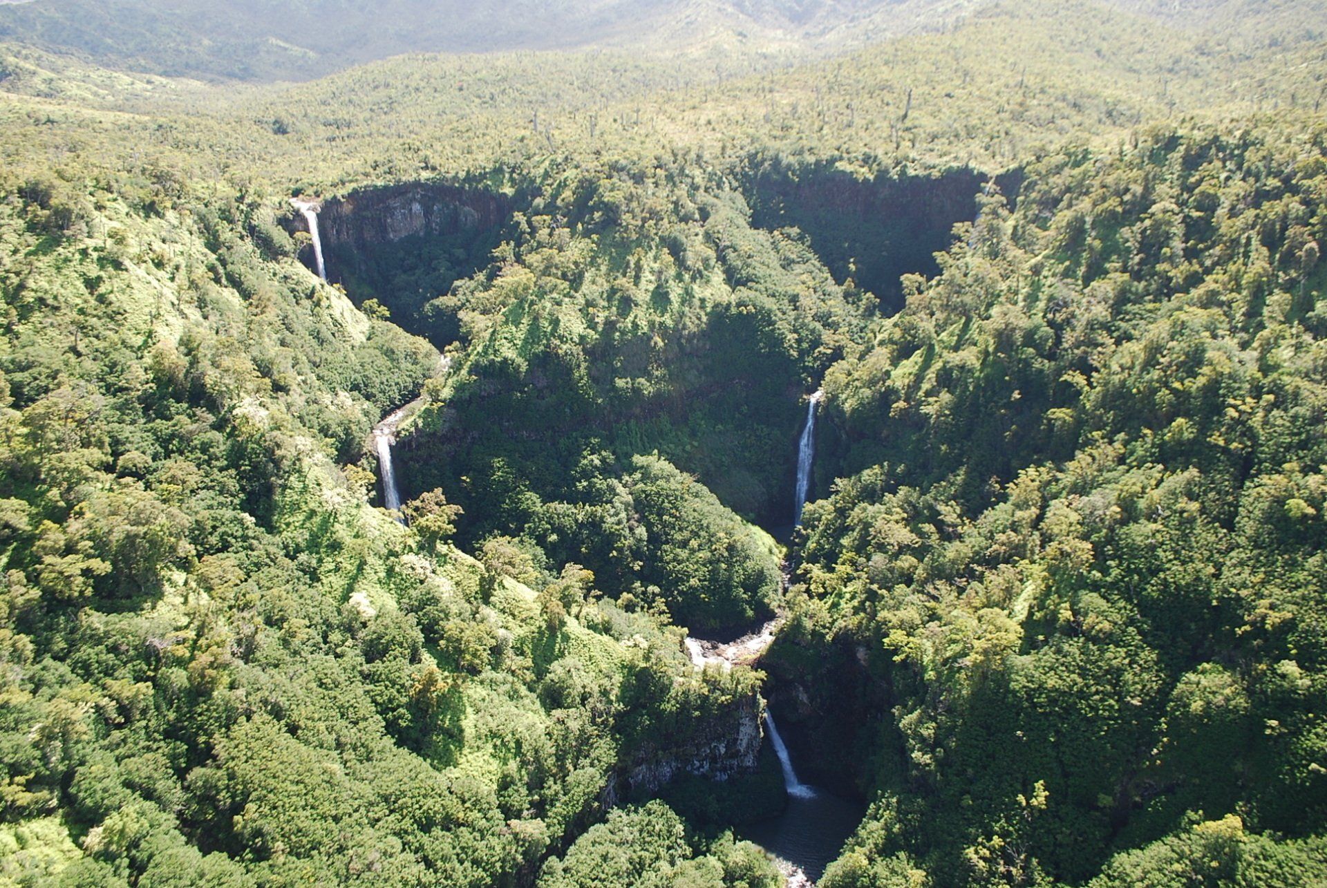 An aerial view of a waterfall in the middle of a forest
