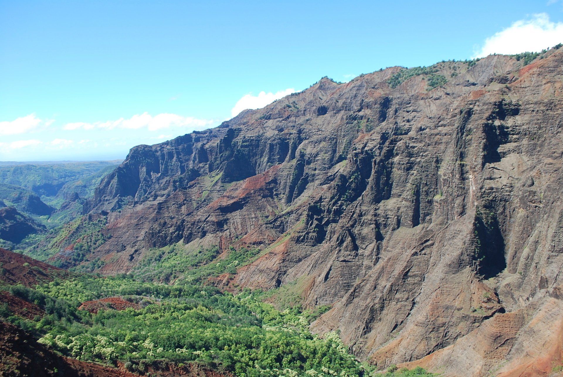 A view of a valley surrounded by mountains and trees
