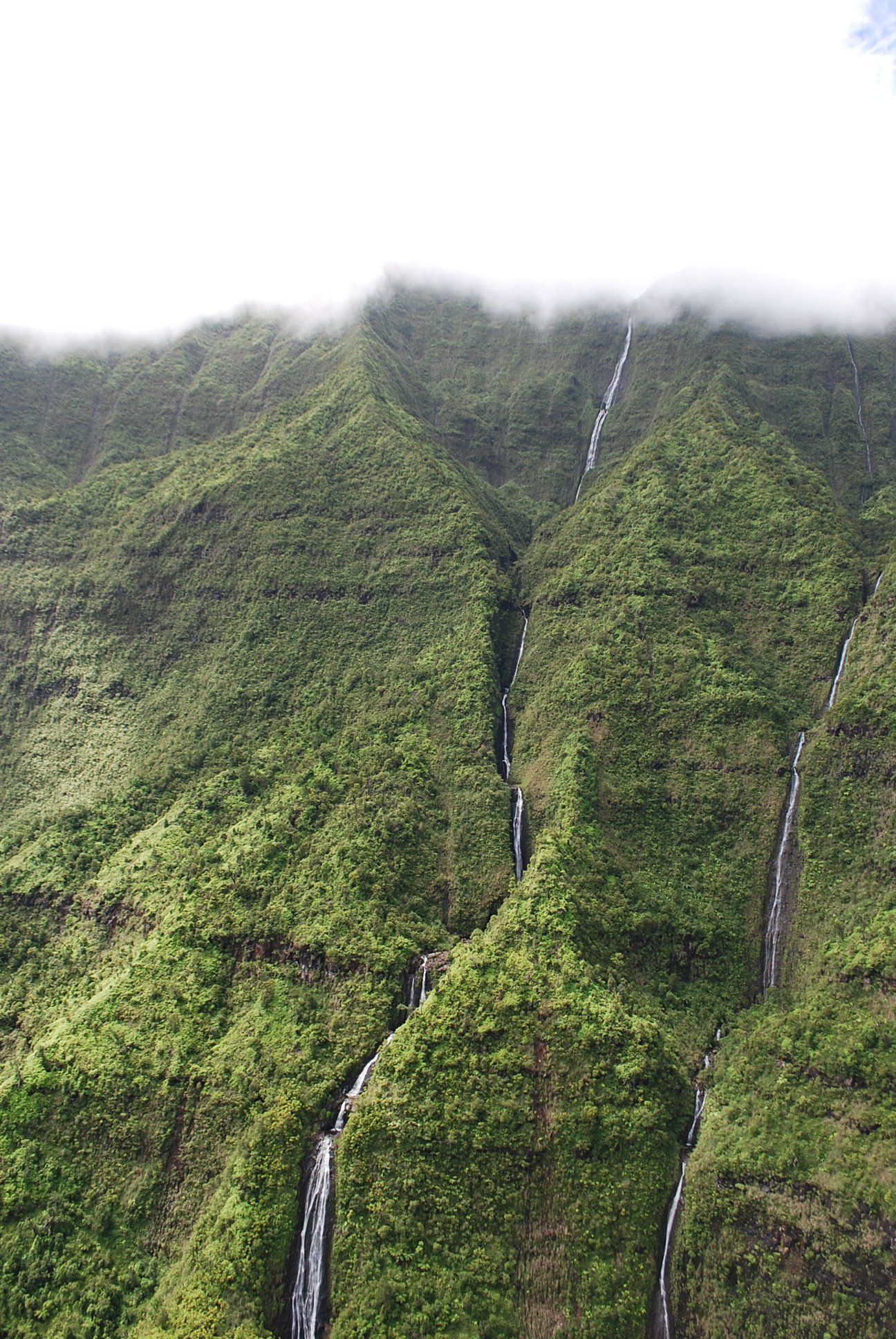 A waterfall in the middle of a lush green mountain surrounded by trees.