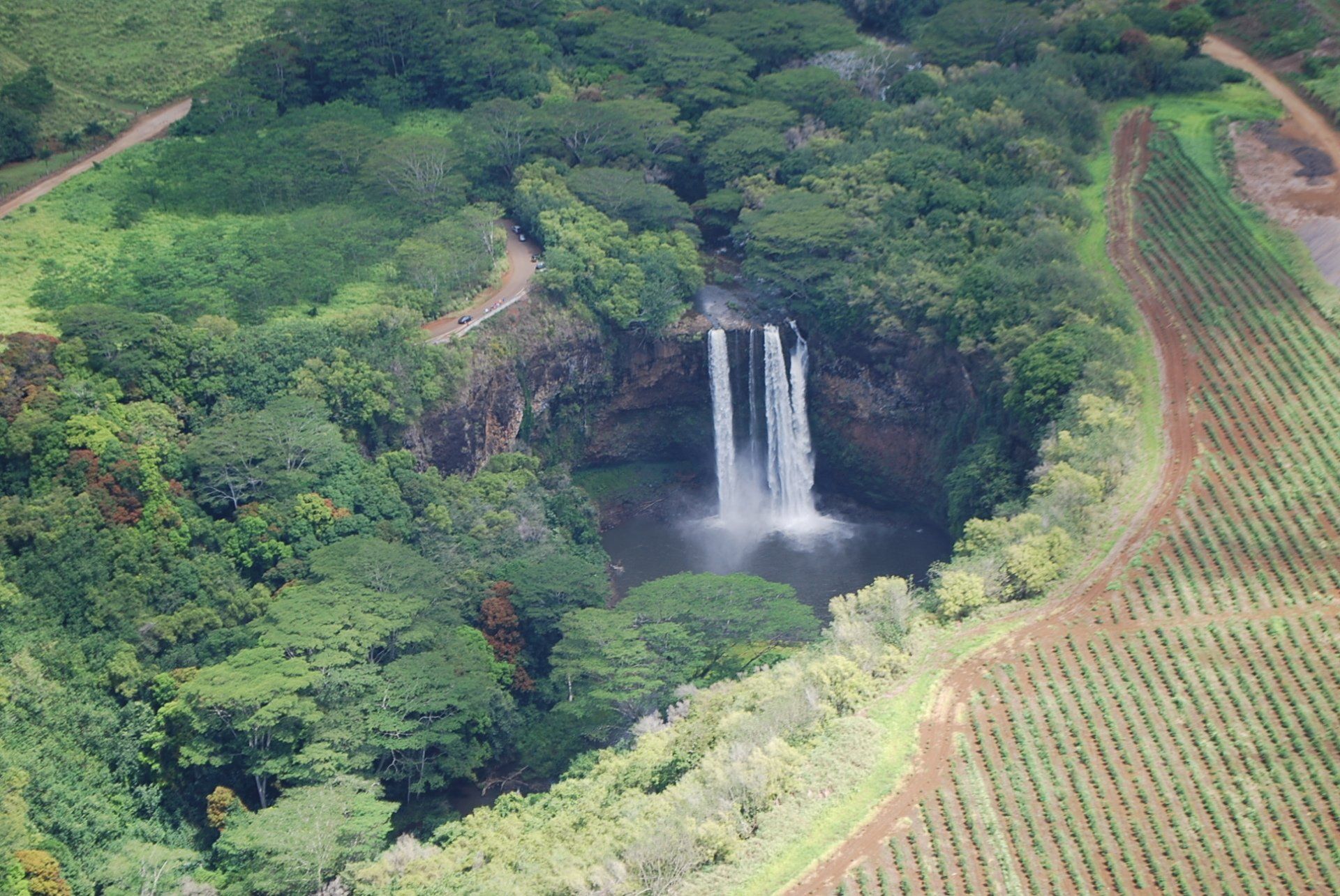 An aerial view of a waterfall in the middle of a lush green forest.
