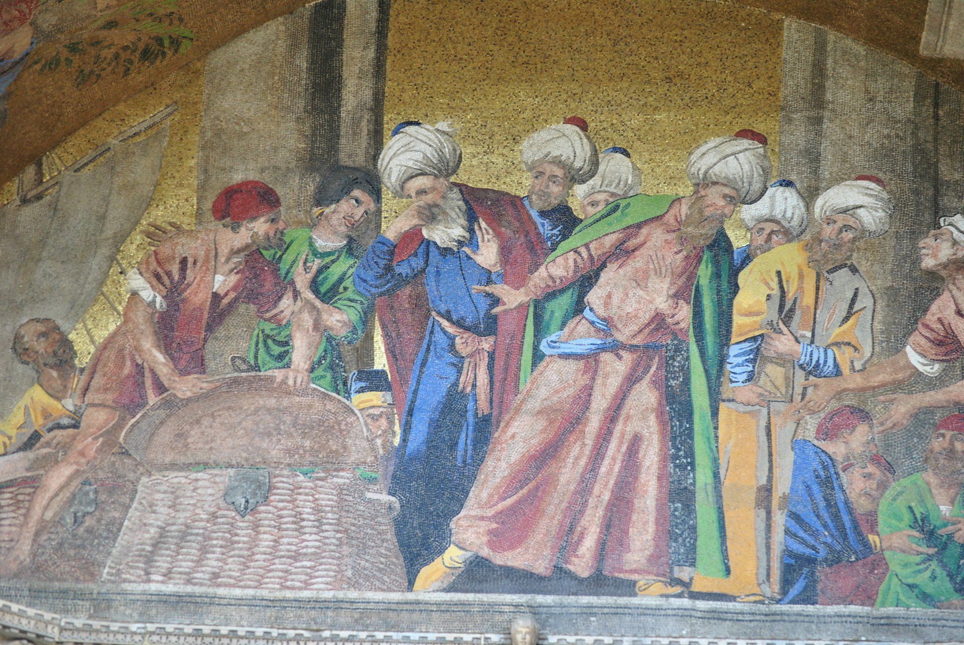 A painting of a group of men standing around a table.