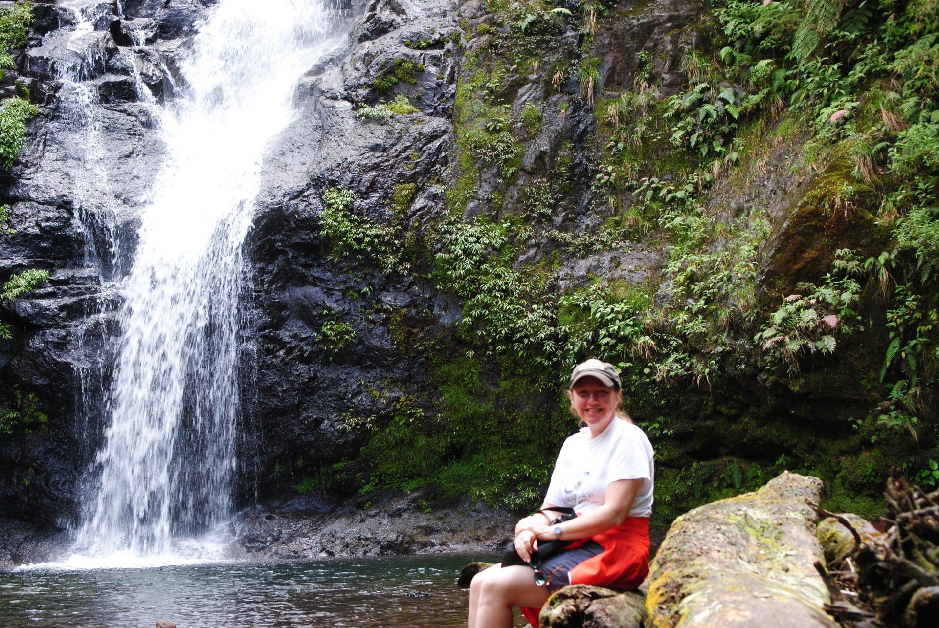 A woman is sitting on a log in front of a waterfall