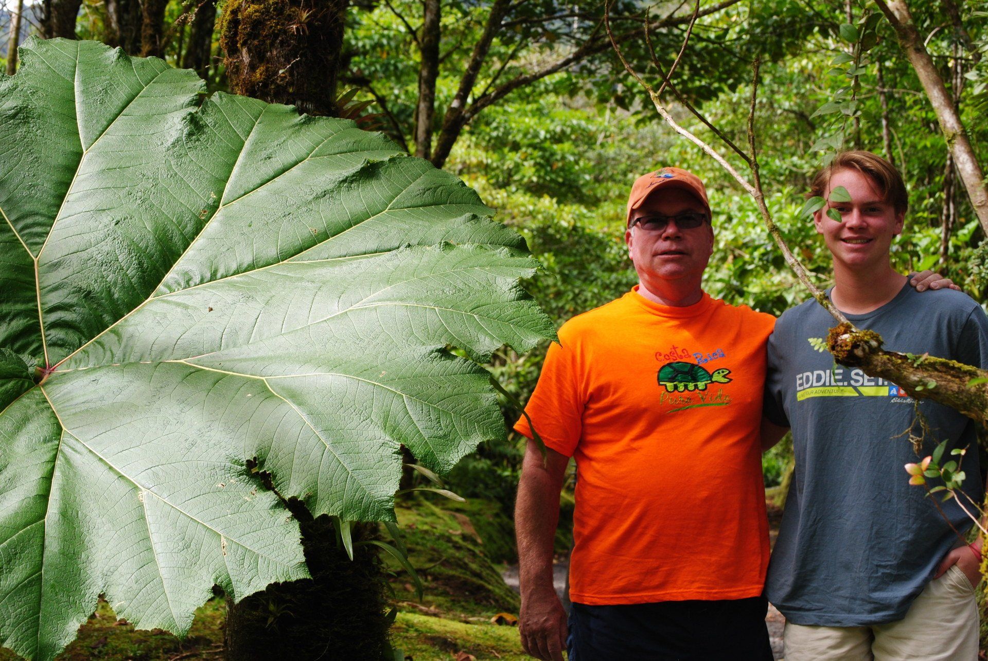 Two men posing for a picture in front of a large green leaf