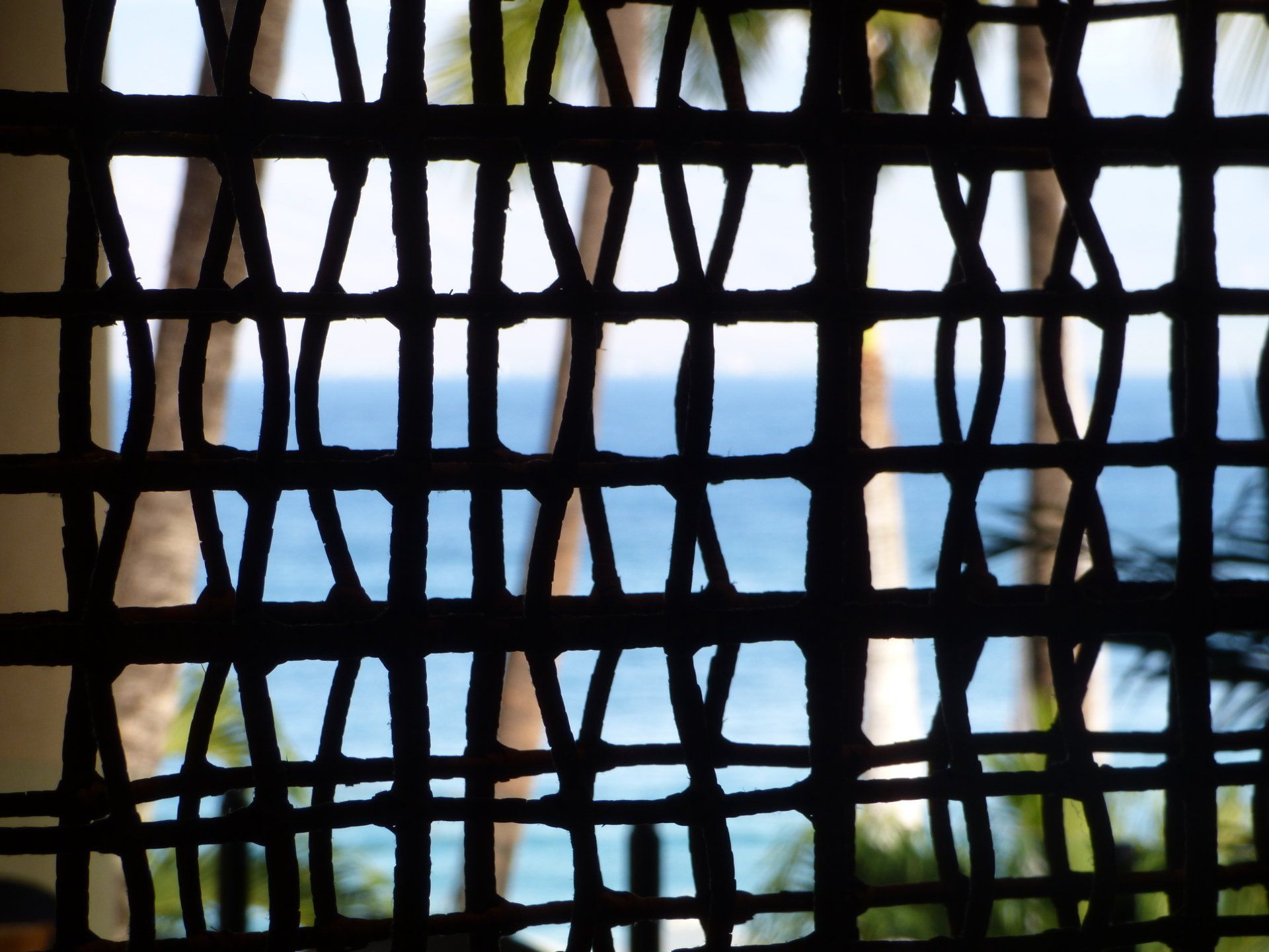 A close up of a fence with a view of the ocean behind it
