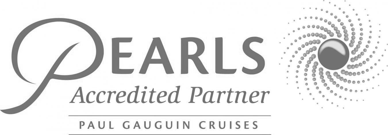 A black and white logo for pearls accredited partner paul gauguin cruises.