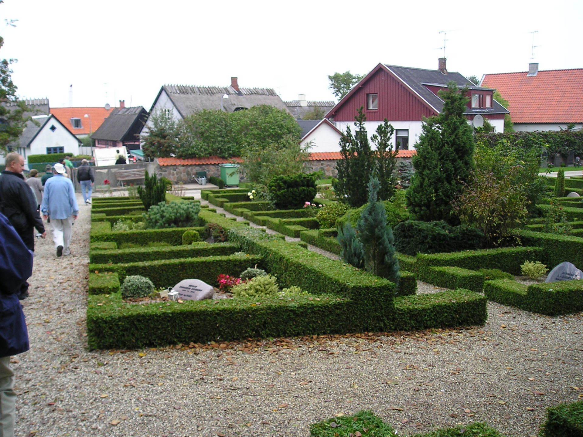 A group of people are walking through a cemetery with houses in the background