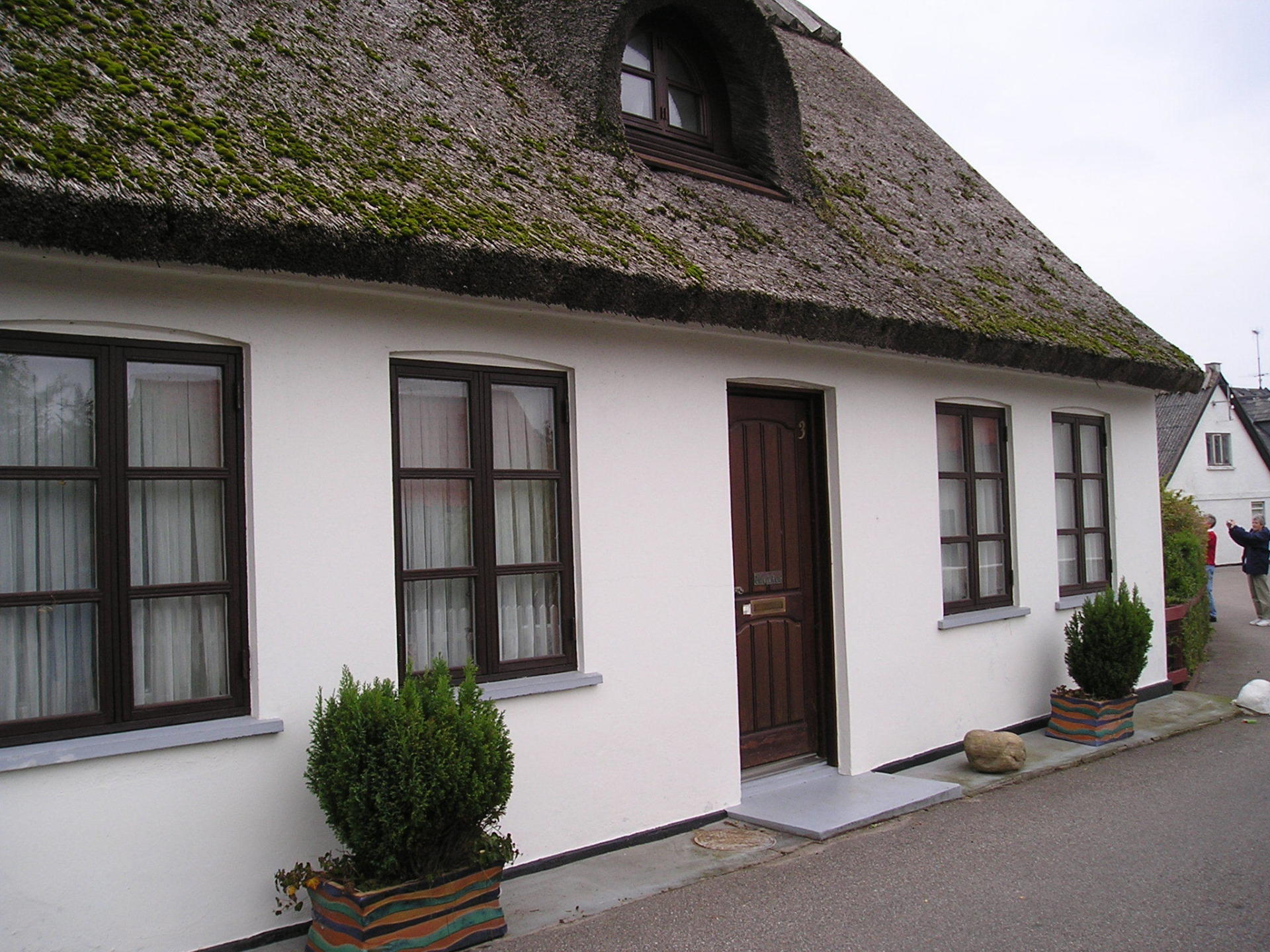 A small white house with a thatched roof