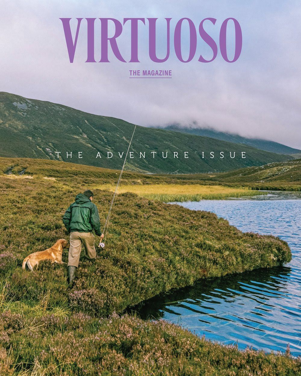 A man fishing with a dog on the cover of virtuoso magazine