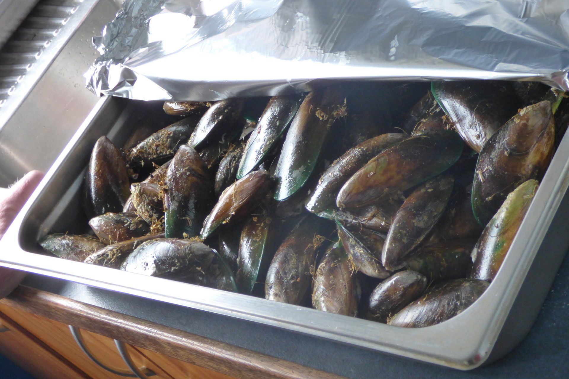 A tray of mussels is sitting on a counter