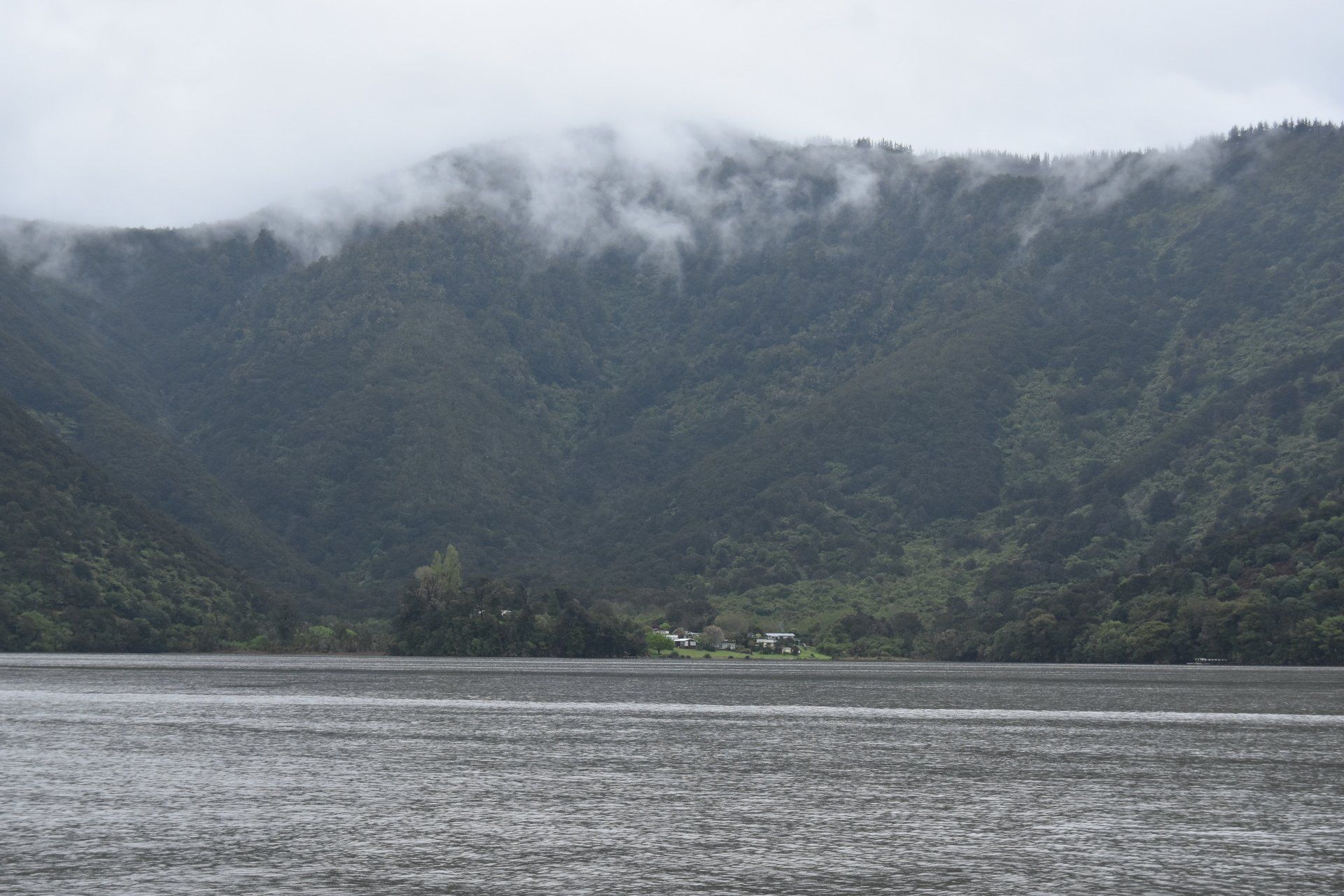 A large body of water surrounded by mountains and trees on a cloudy day.