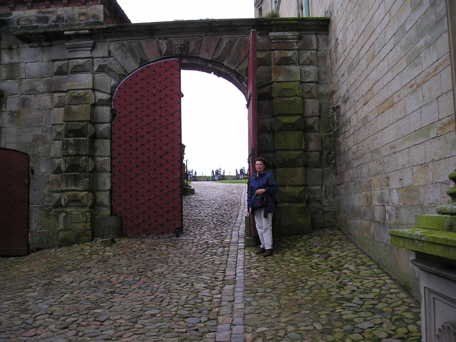 A woman is standing in front of an open gate