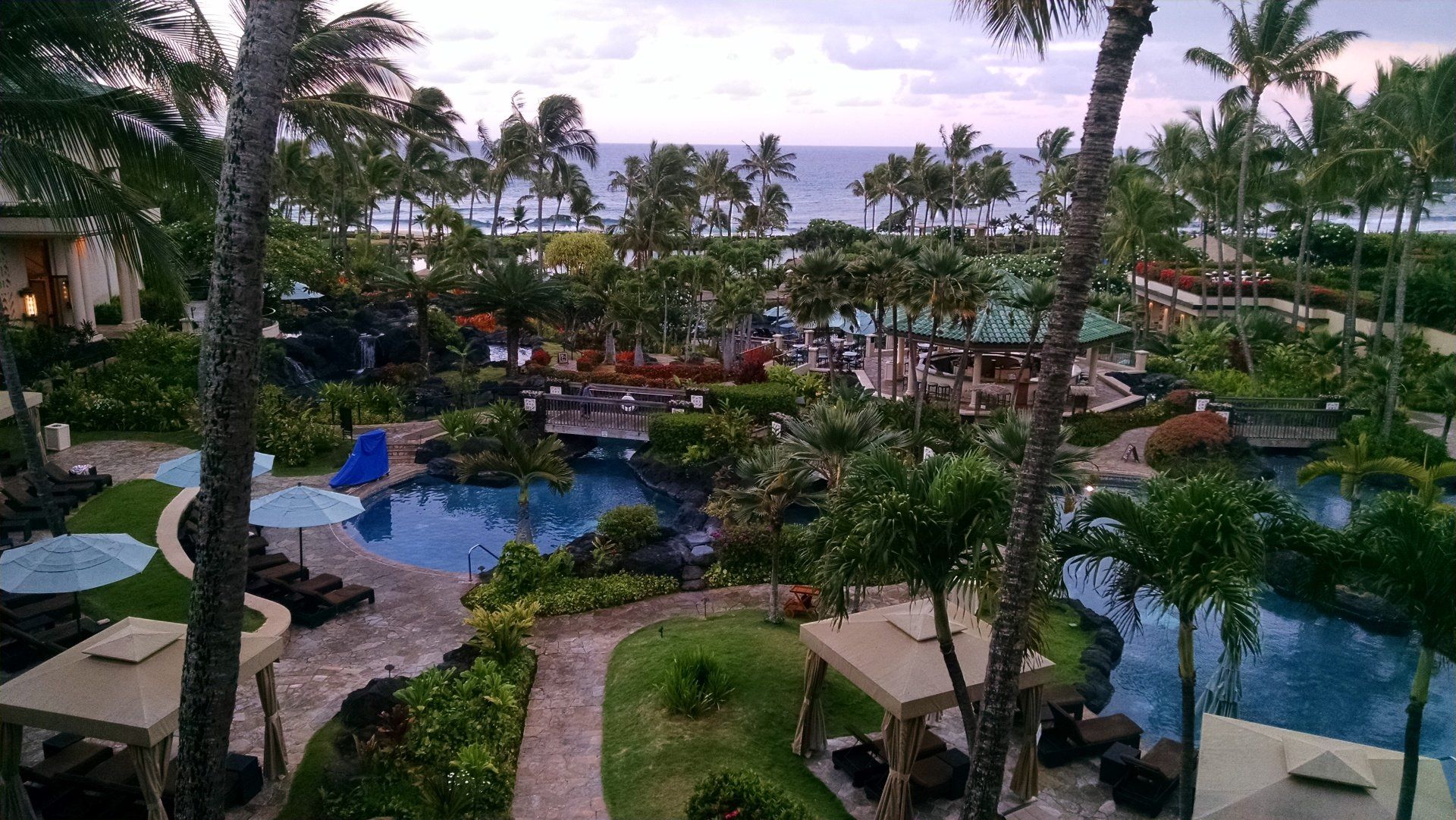 An aerial view of a tropical resort with a large pool surrounded by palm trees.