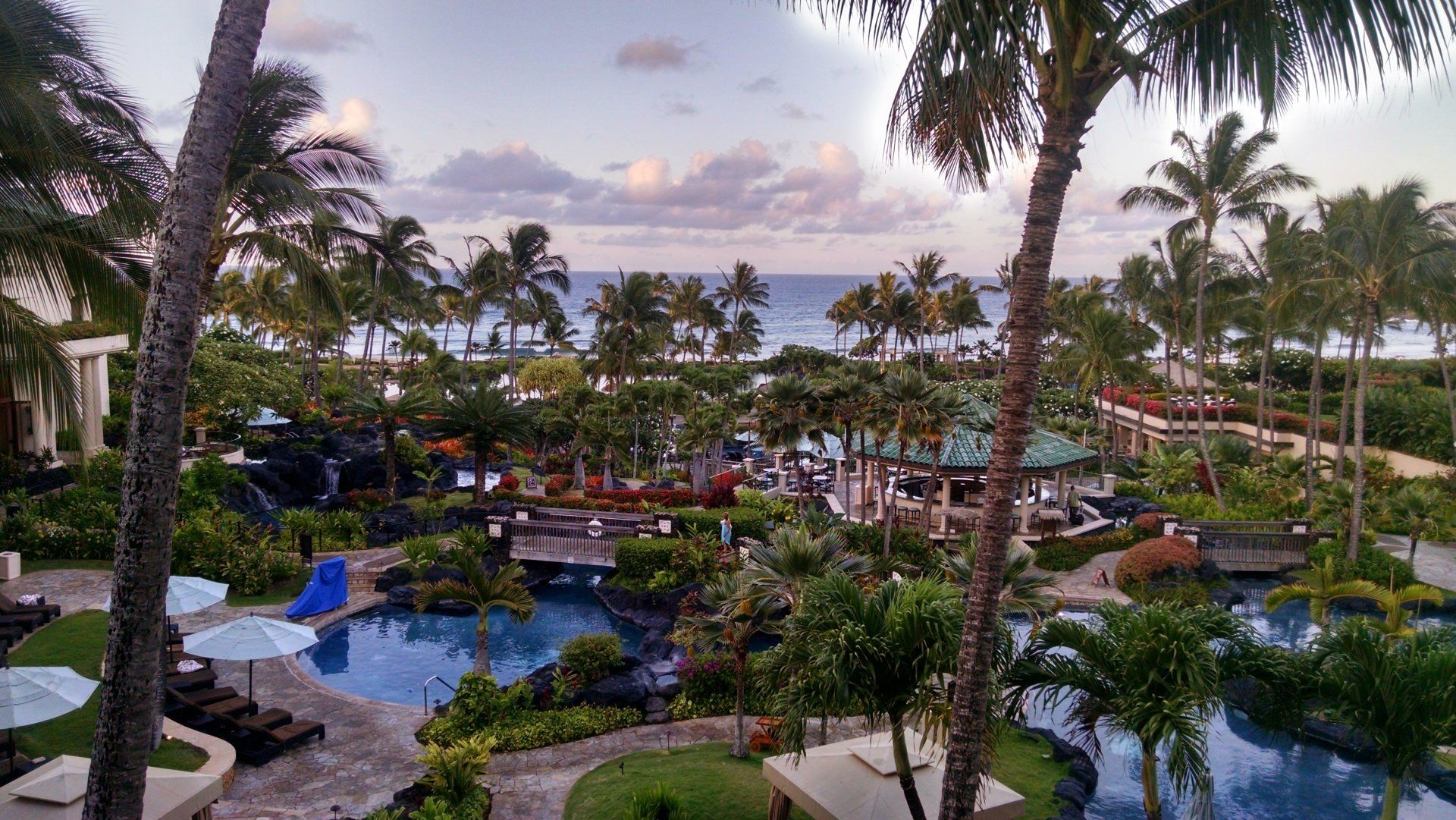 An aerial view of a tropical resort with palm trees and swimming pools.