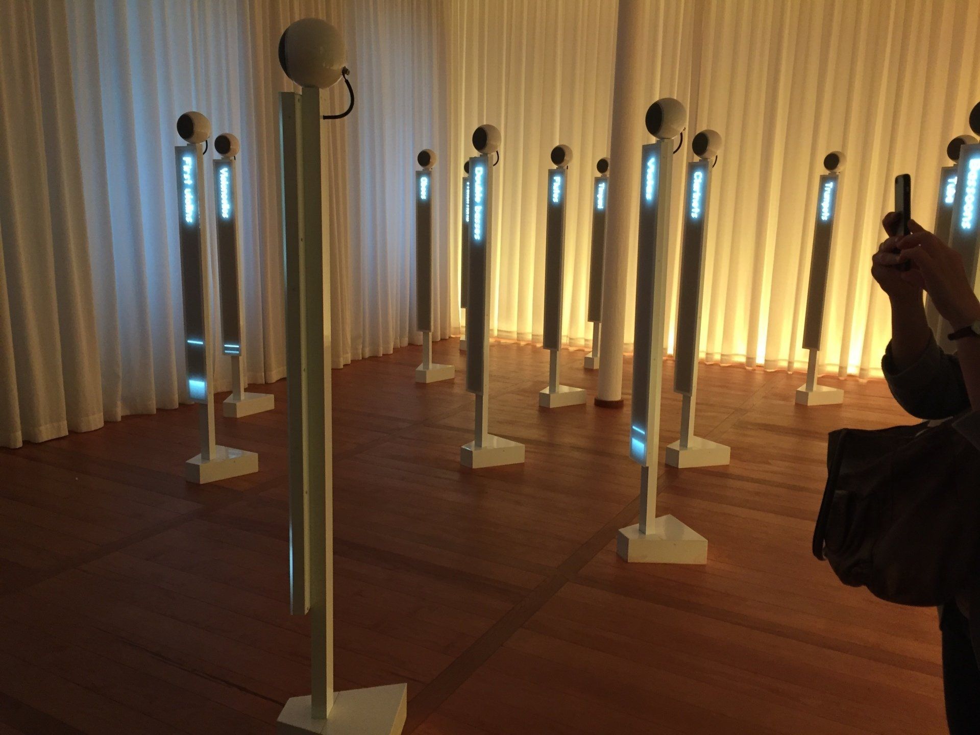 A person is taking a picture of a row of speakers in a room.