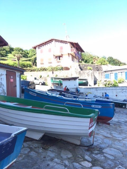 A row of boats are lined up in front of a building