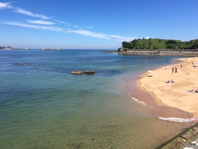 A beach with a large body of water in the background