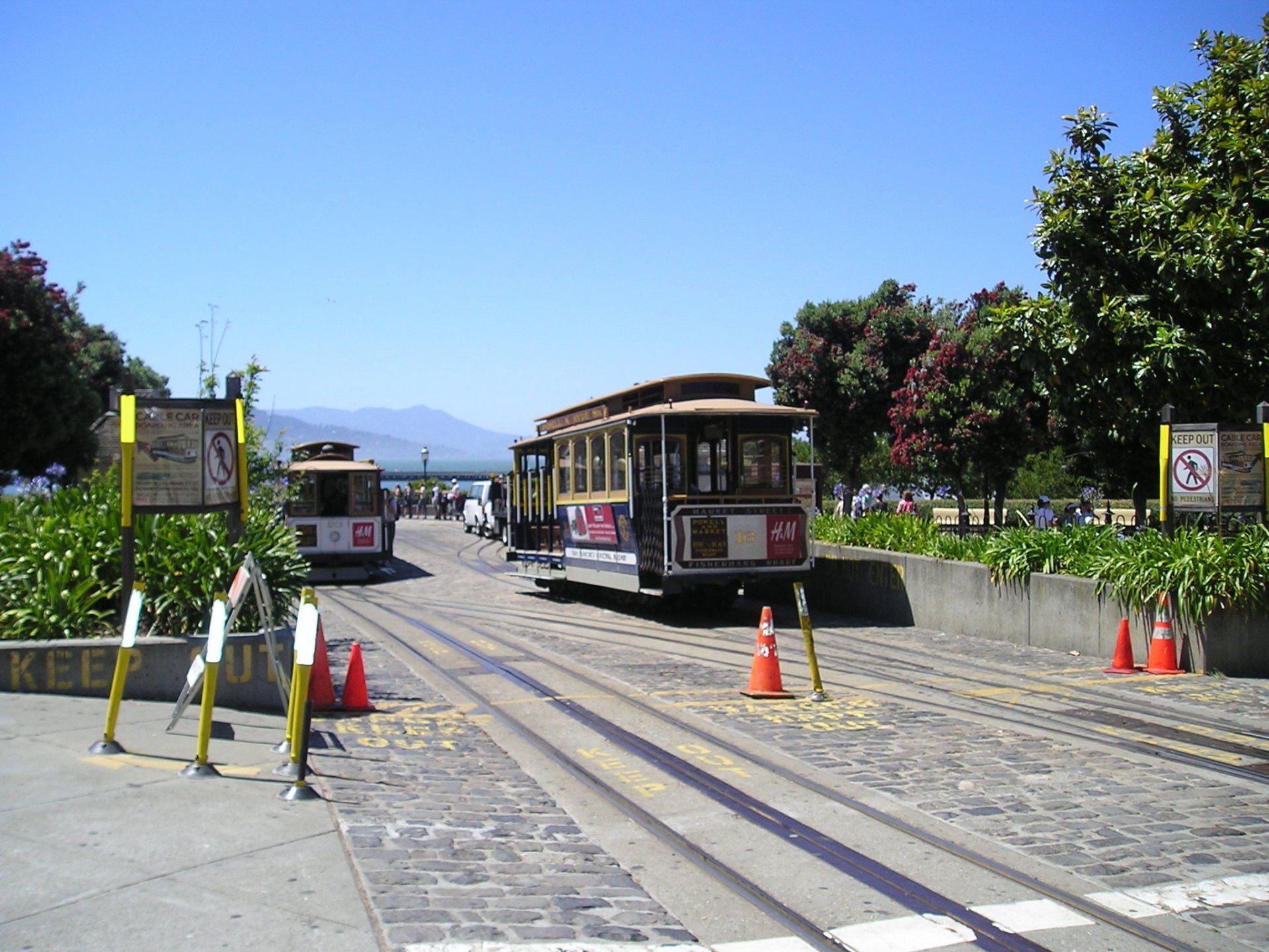 Two trolleys are parked on the side of the road