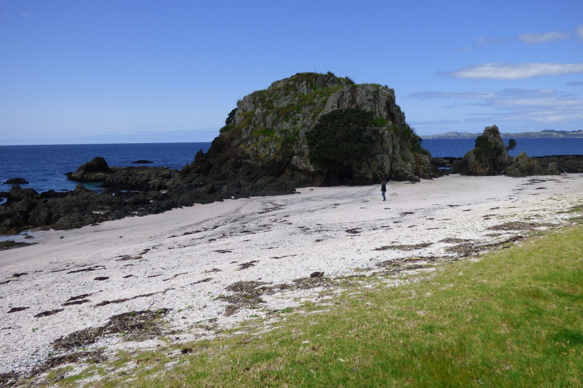 A person walking on a beach with a large rock in the background