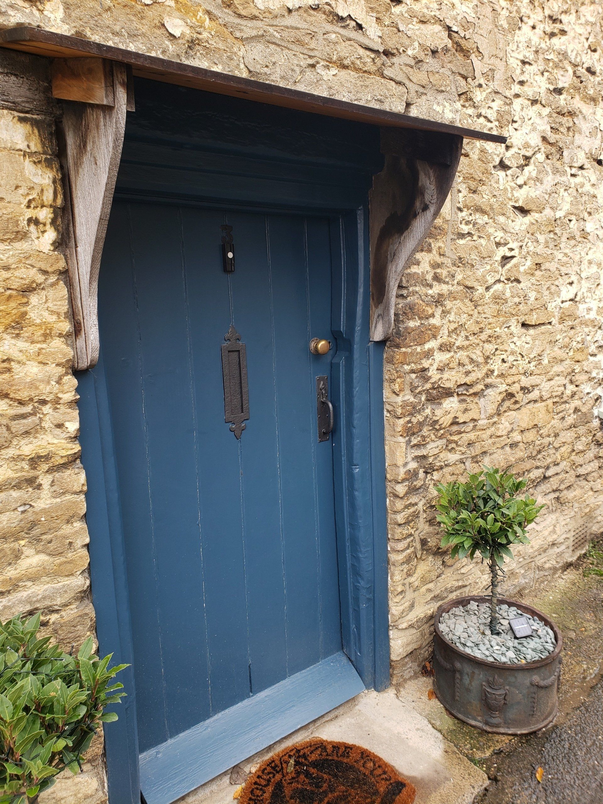 A blue door is sitting in front of a stone wall next to a potted plant.