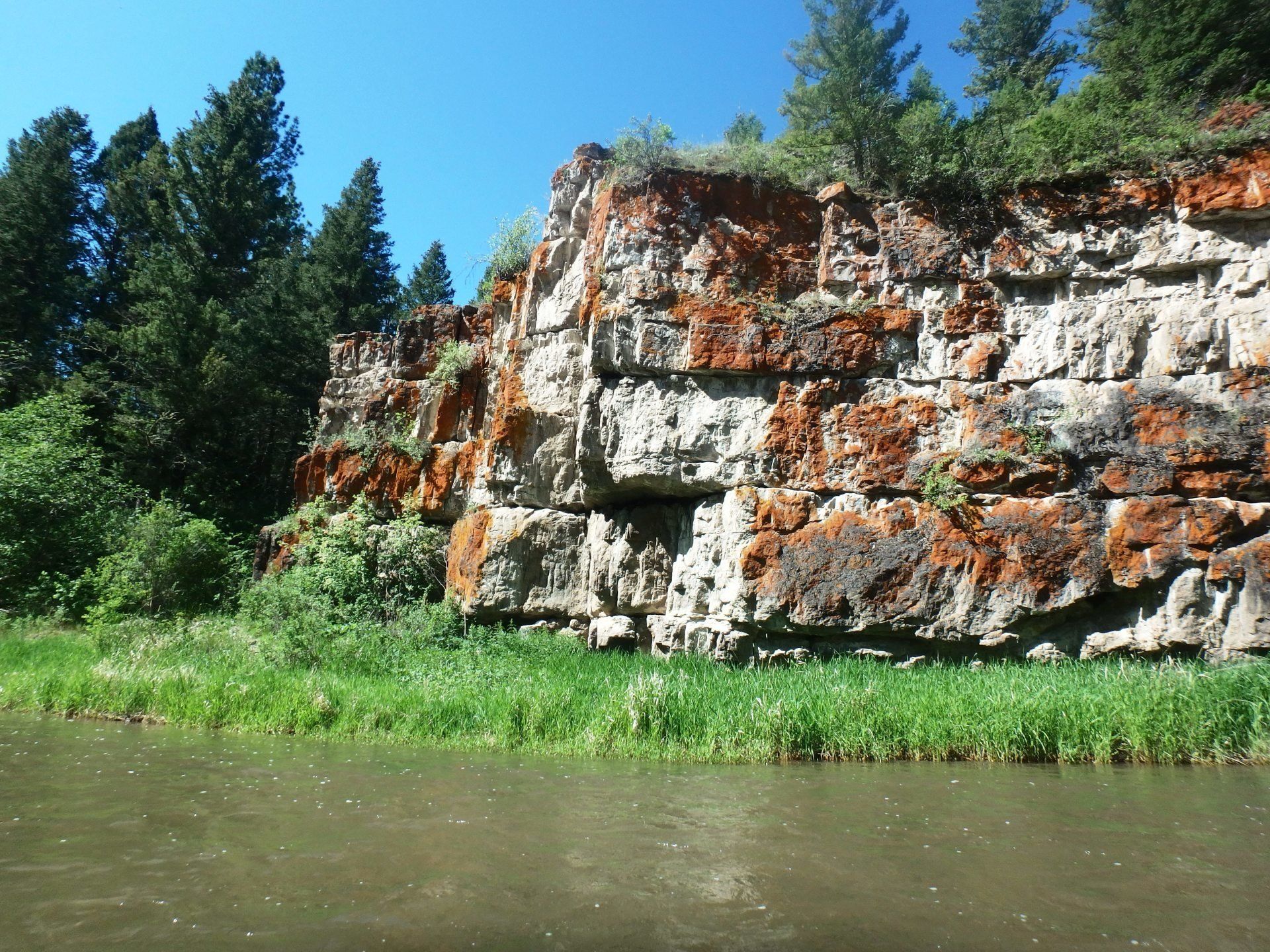 A large rock formation is surrounded by trees and grass near a body of water
