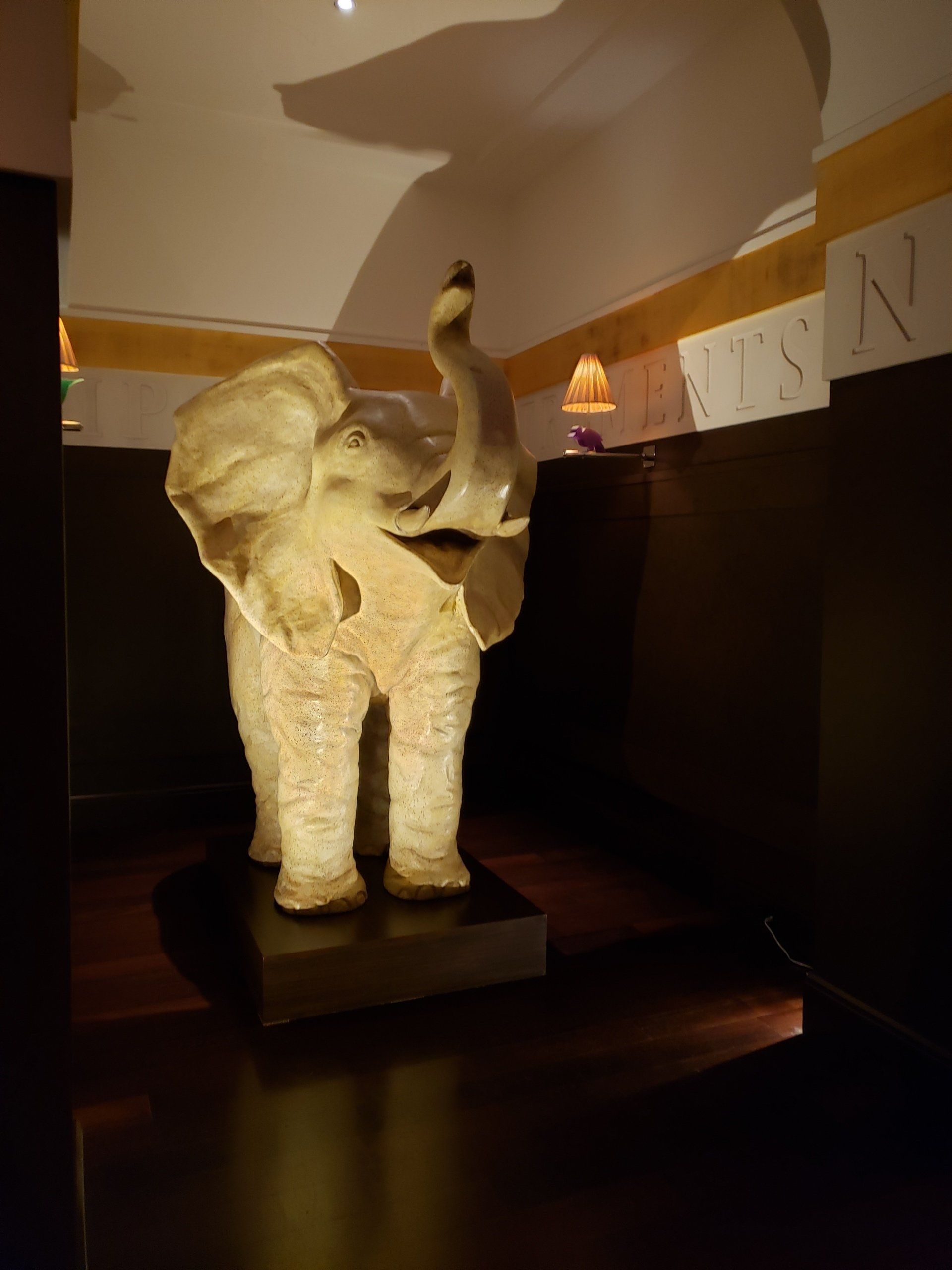 A statue of an elephant in a dark room