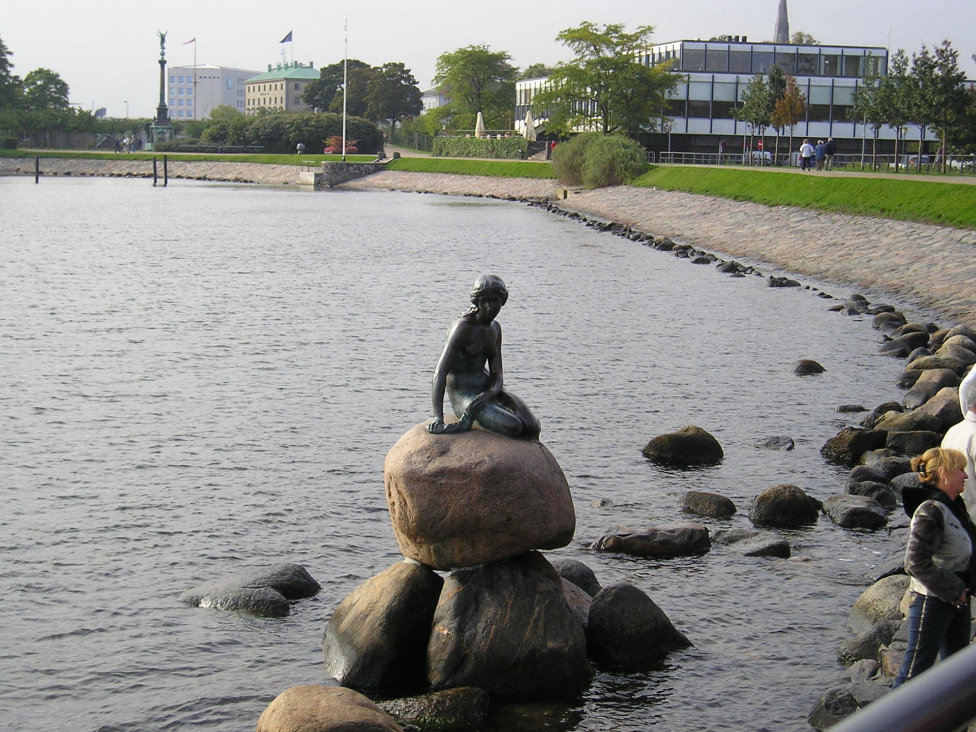 A statue of a mermaid sitting on a rock in the water