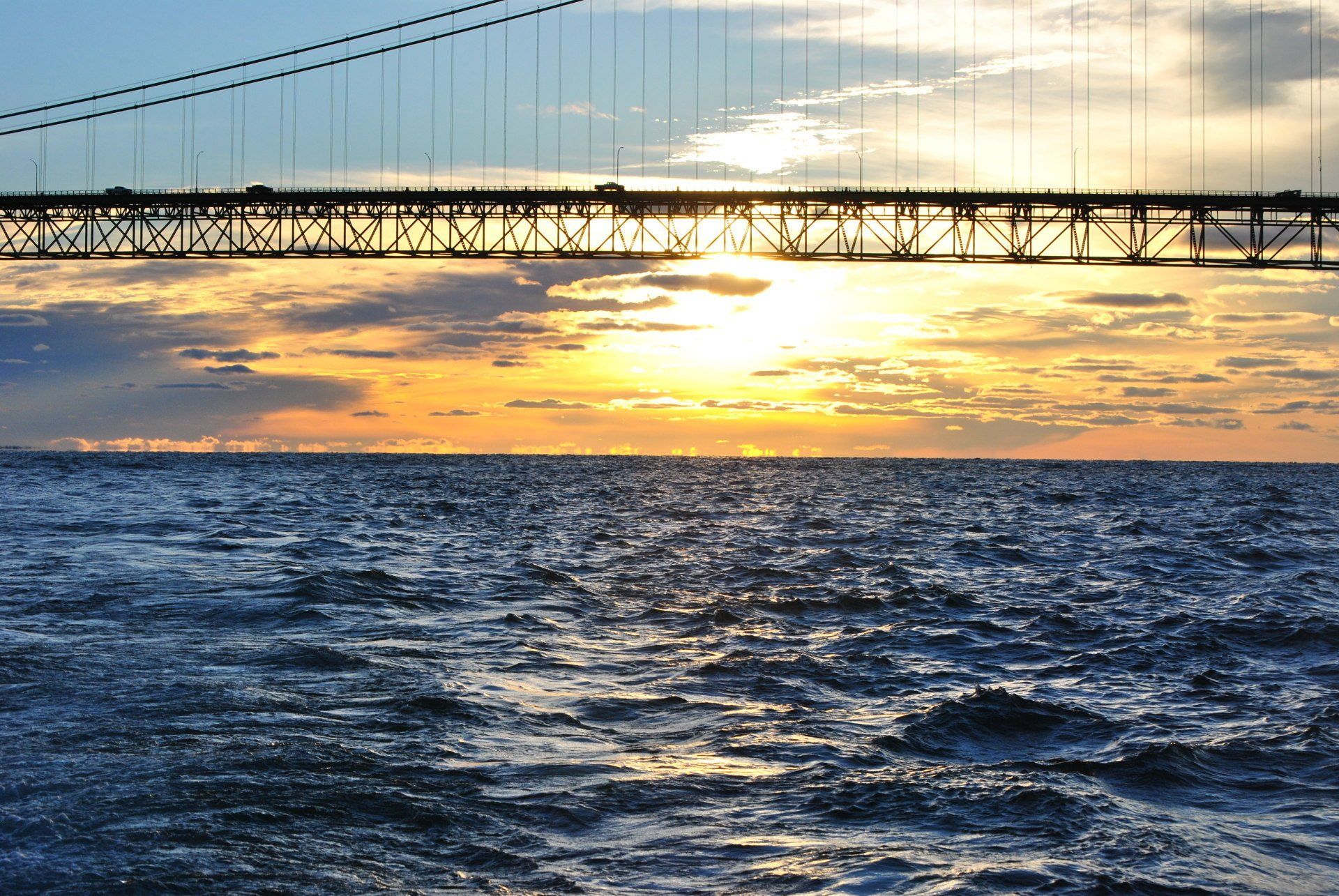 A bridge over a body of water at sunset