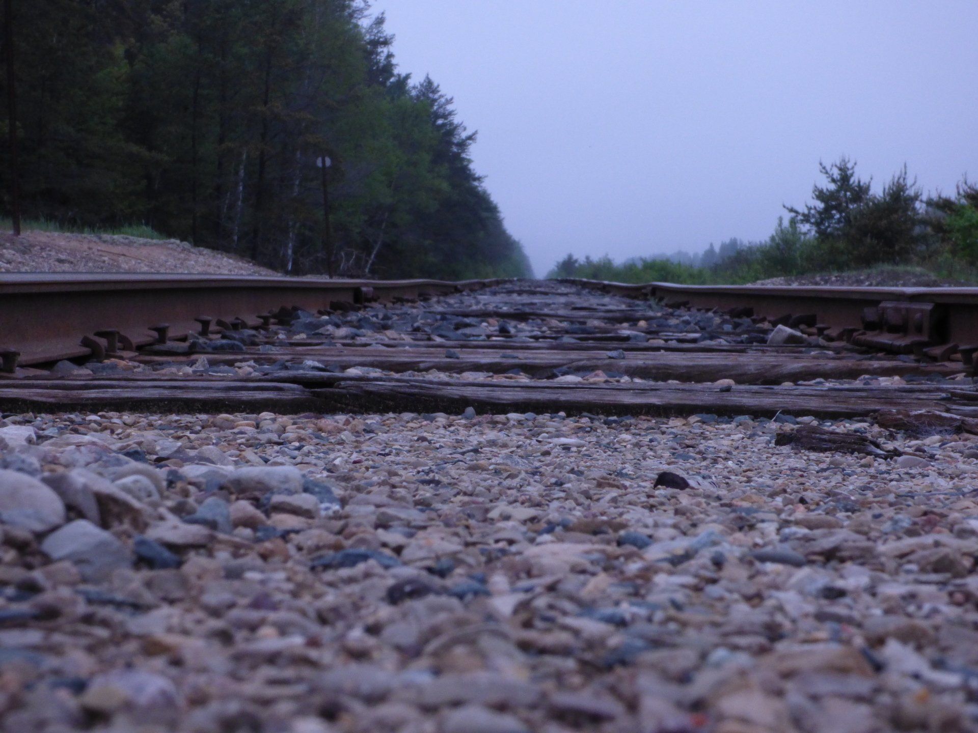 A train track with trees in the background and gravel in the foreground