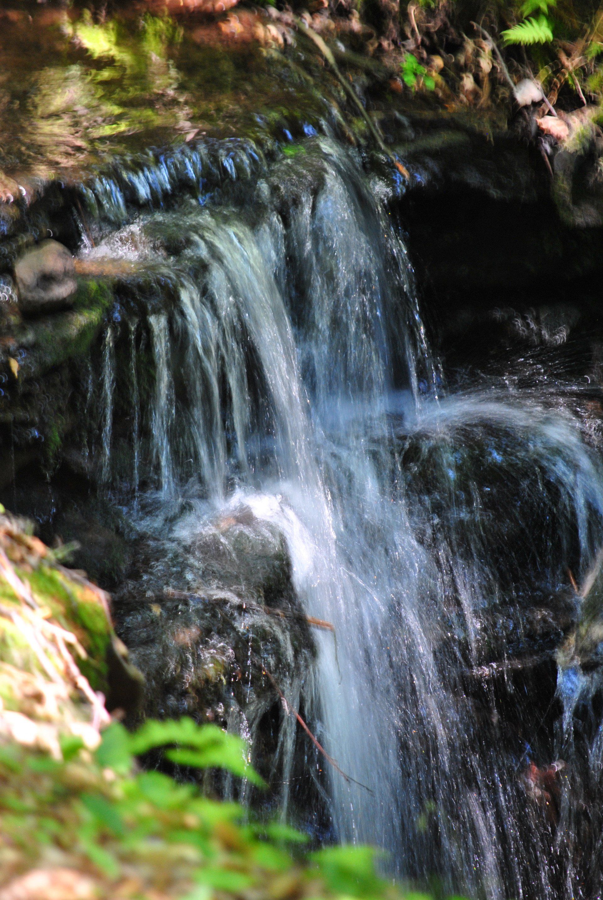 A small waterfall is surrounded by rocks and trees in the woods.