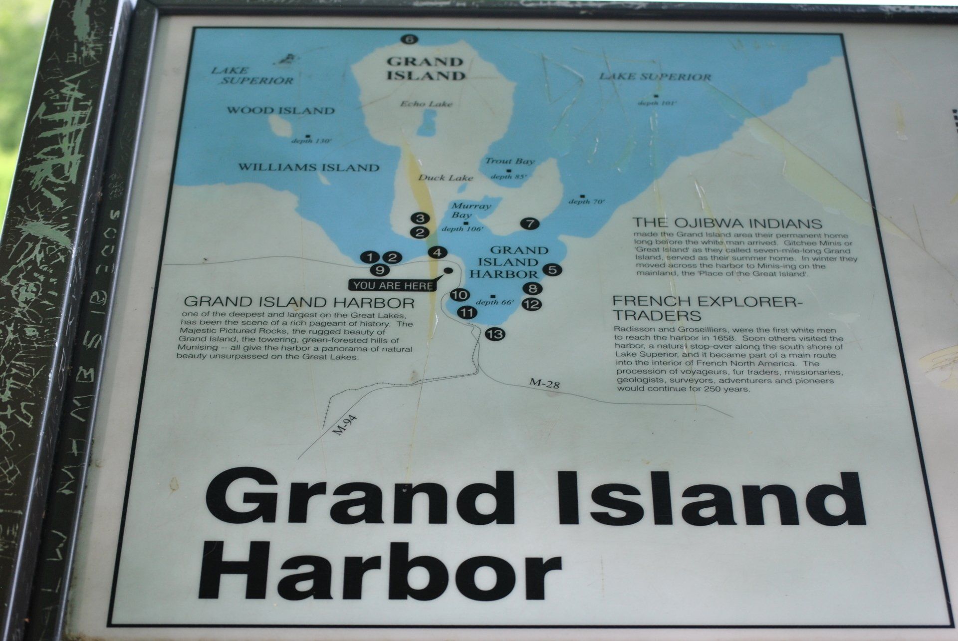 A map of grand island harbor is displayed