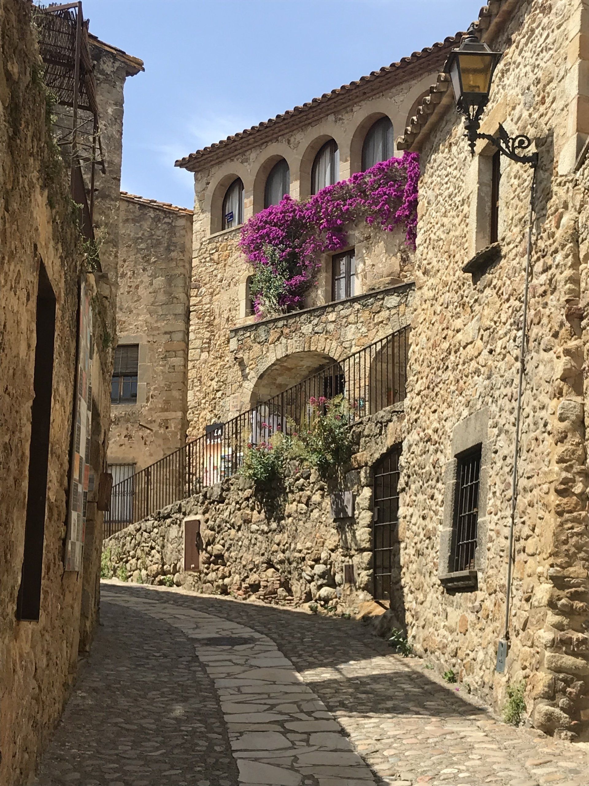 A narrow alleyway between two stone buildings with purple flowers on the windows.