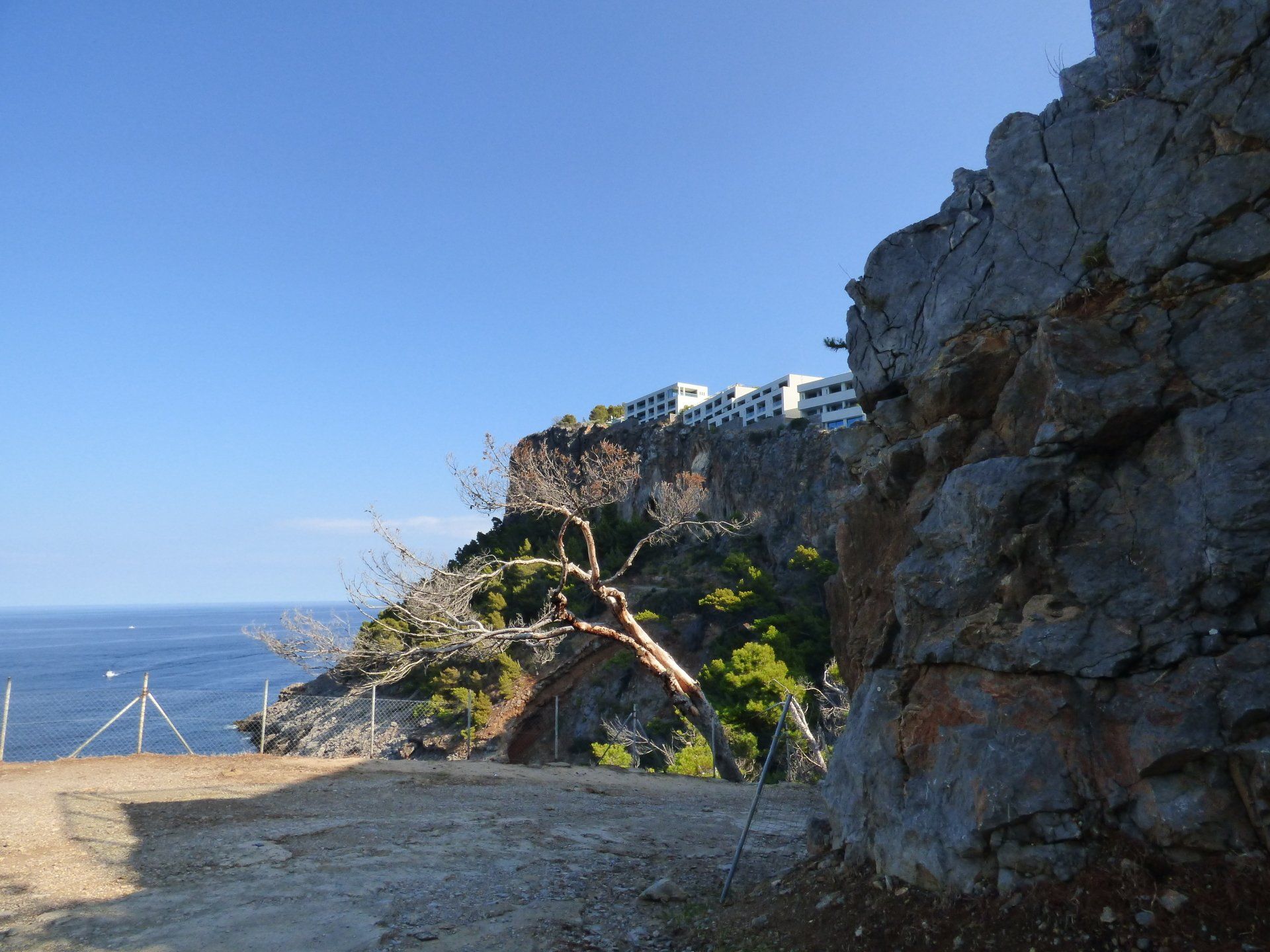 A cliff overlooking the ocean with a building in the background