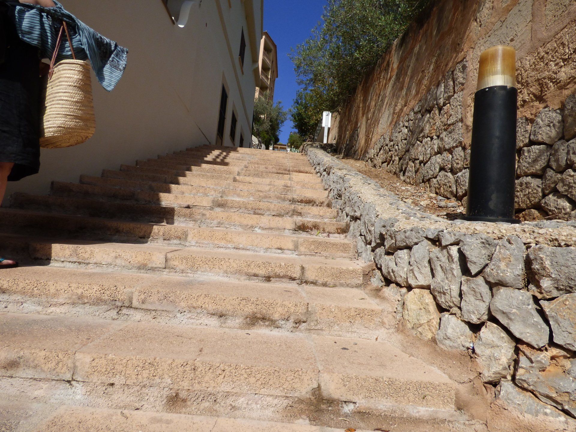 A person walking up a set of stairs with a basket in their hand