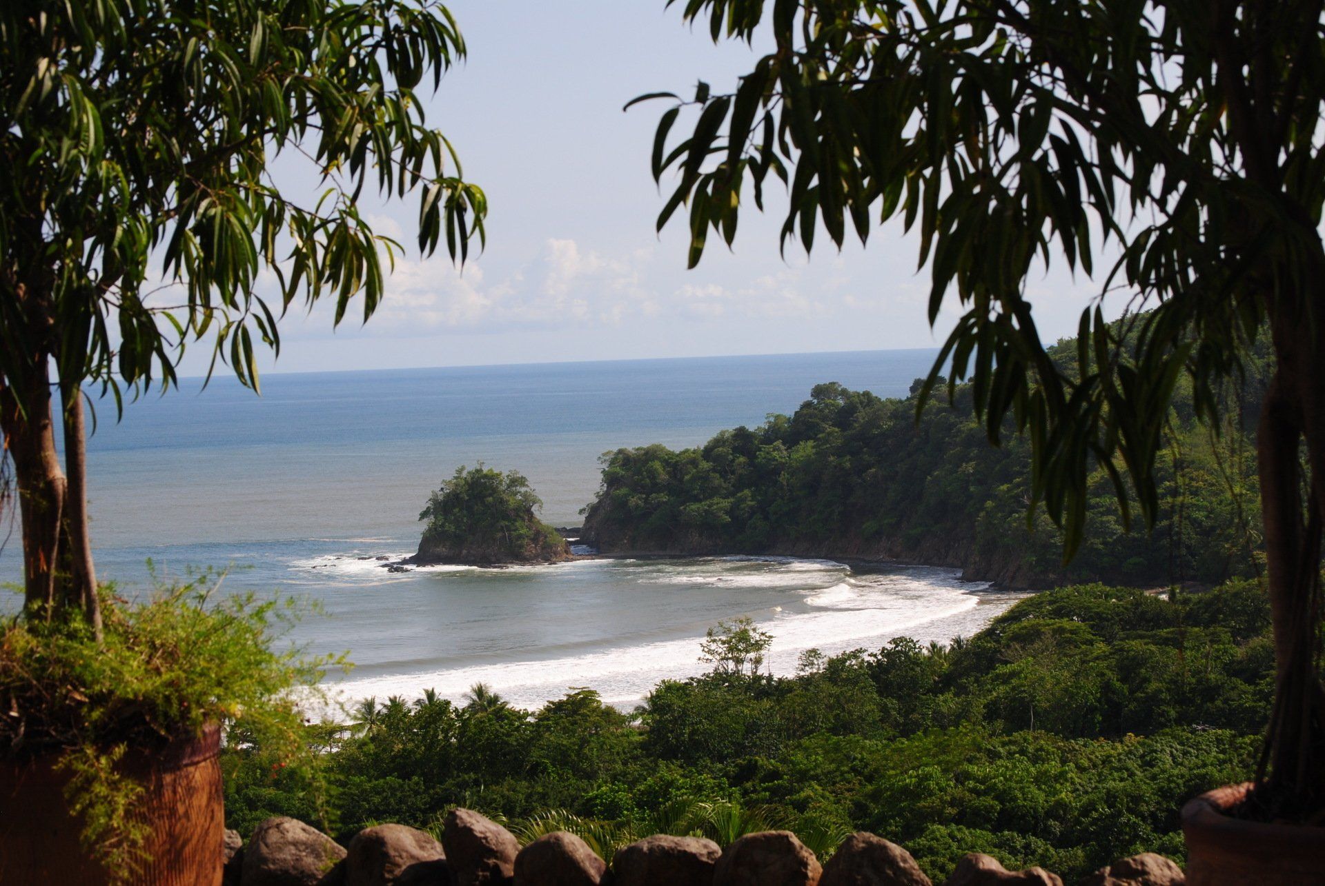 A view of the ocean through trees and rocks