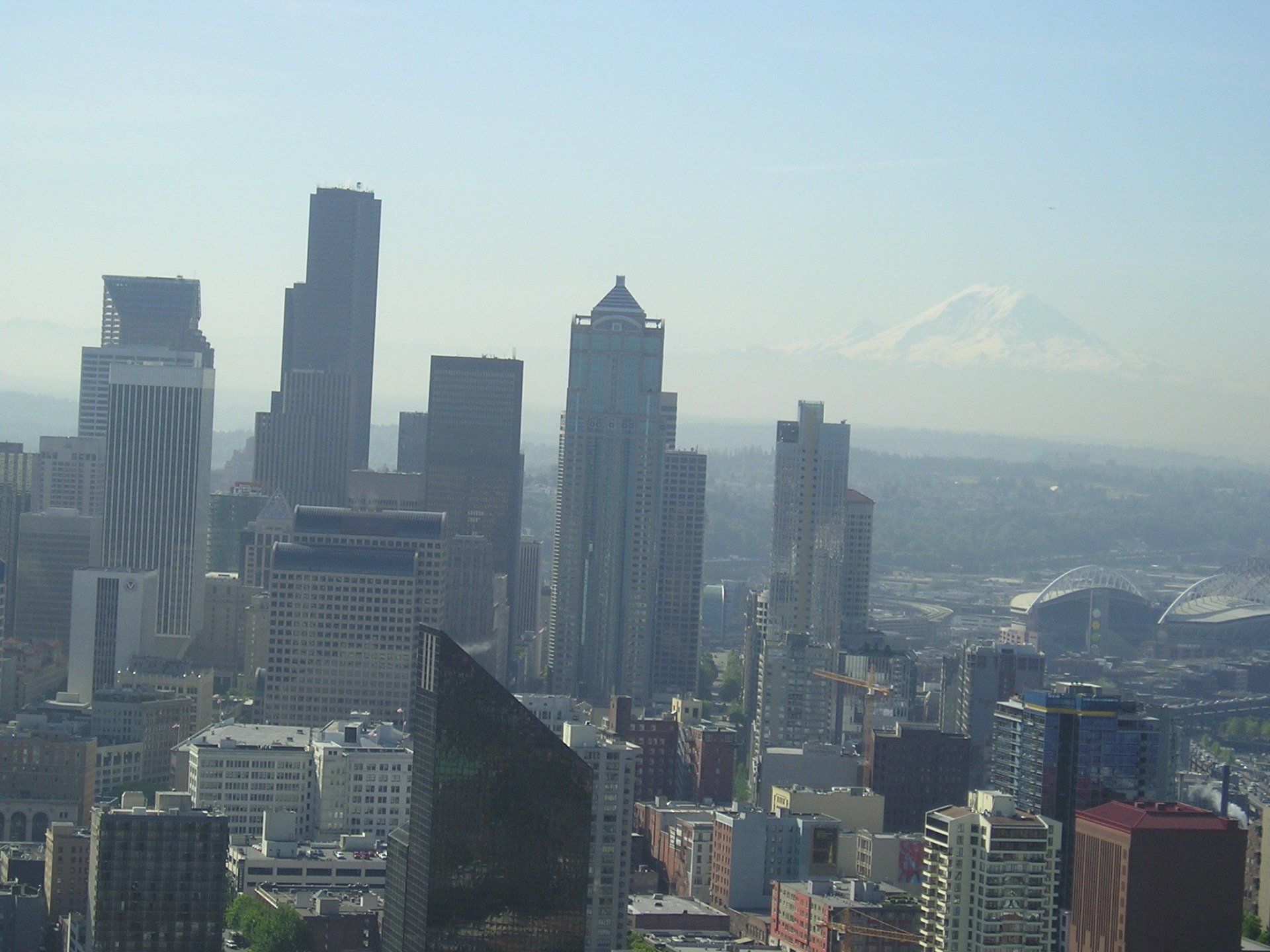 A city skyline with a mountain in the background